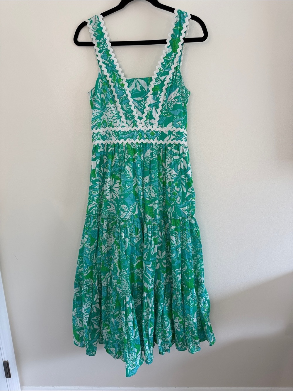Lilly Pulitzer Pollie Tiered Scallop Trim Midi Dress Blue Green White size 6